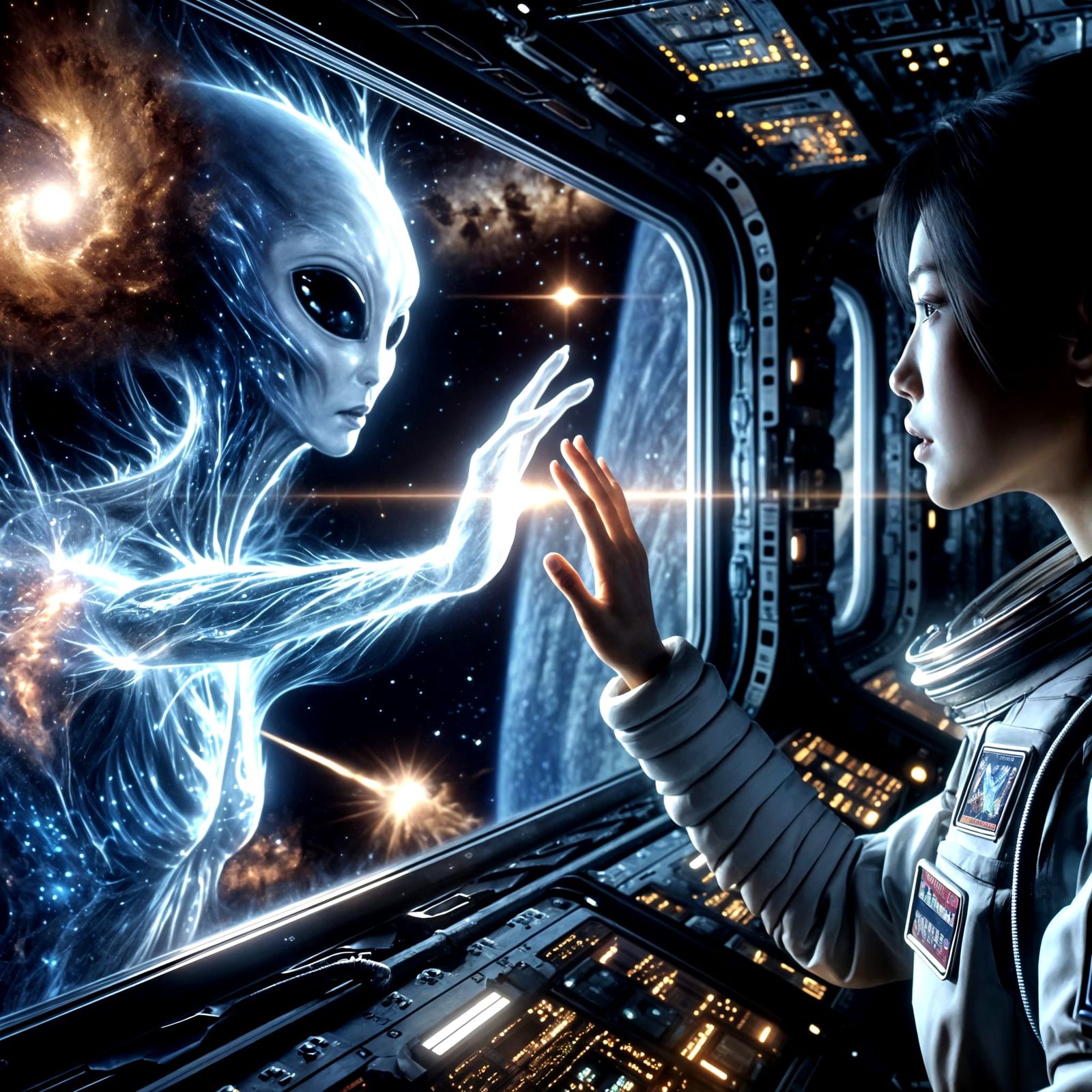 Asian Officer Connects with Alien in Space