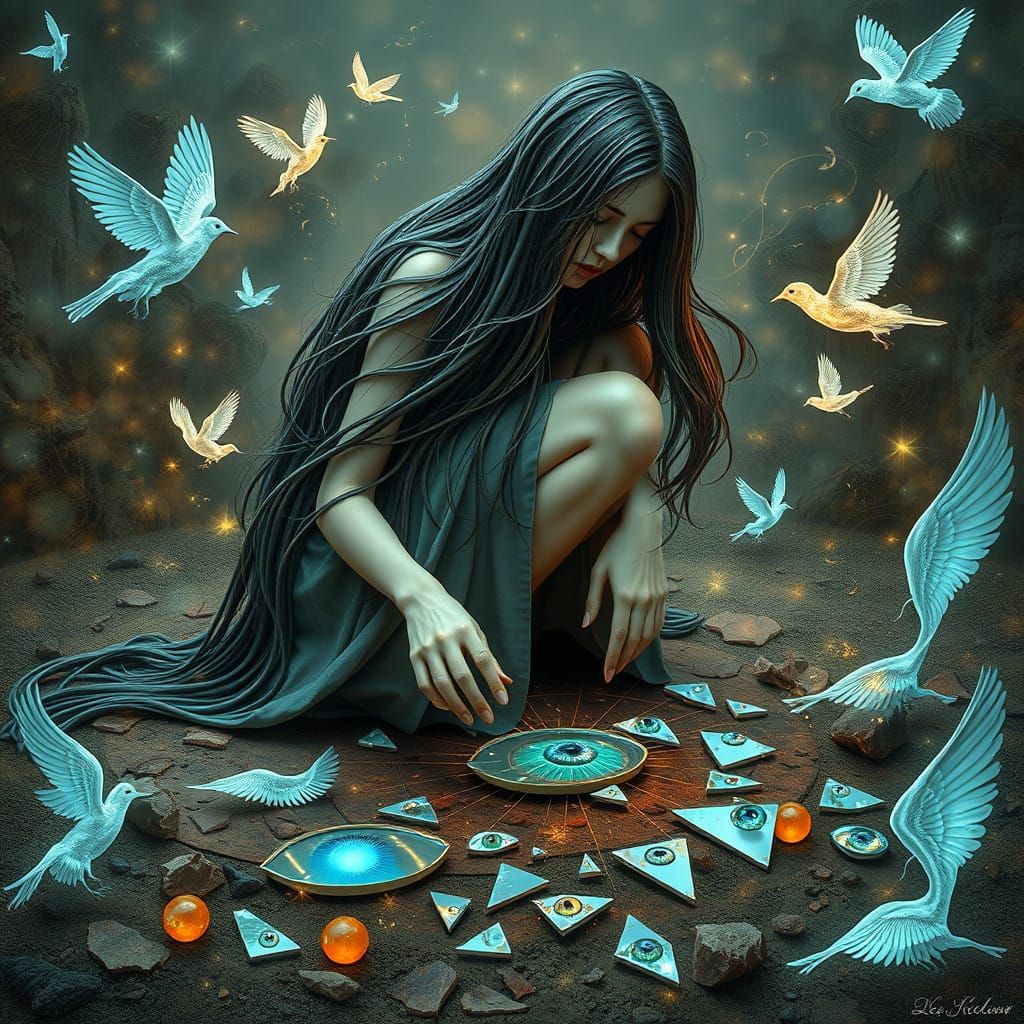 Dreamlike Bio Art Collage of Glowing Creatures and Woman in....