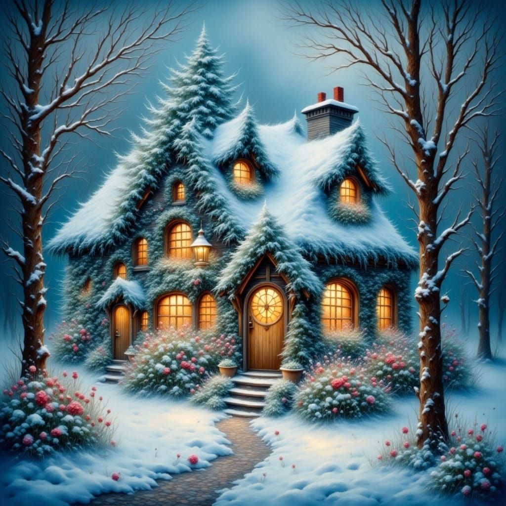 Frost Cottage with Fairies and Winter Flowers
