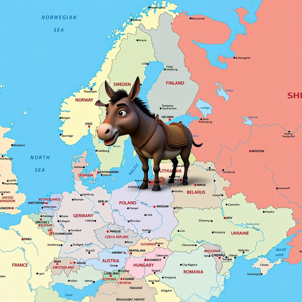 Cartoon Map with Shrek's Donkey, Pixar Style