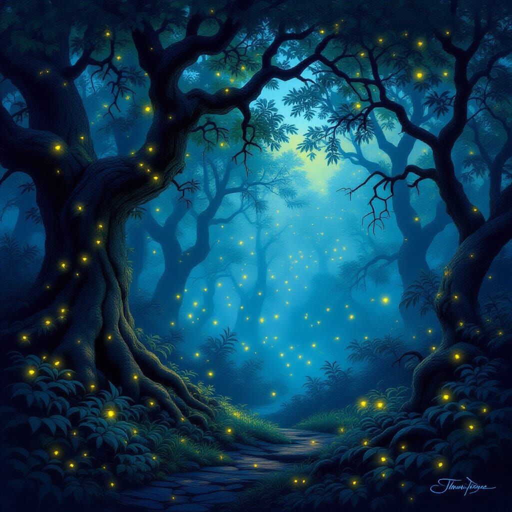 Magical Twilight Forest Aglow with Ethereal Fireflies