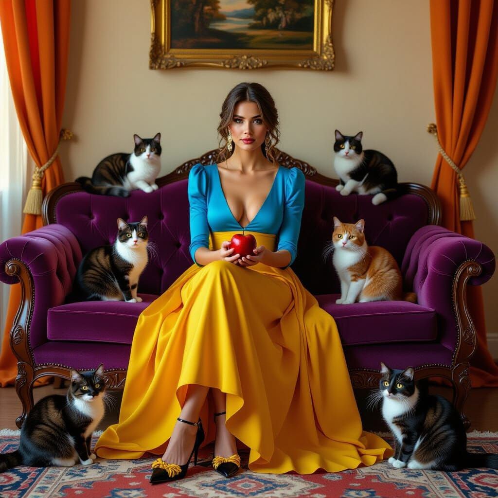 Woman on Purple Sofa with Cats, Hyper-Realistic Style