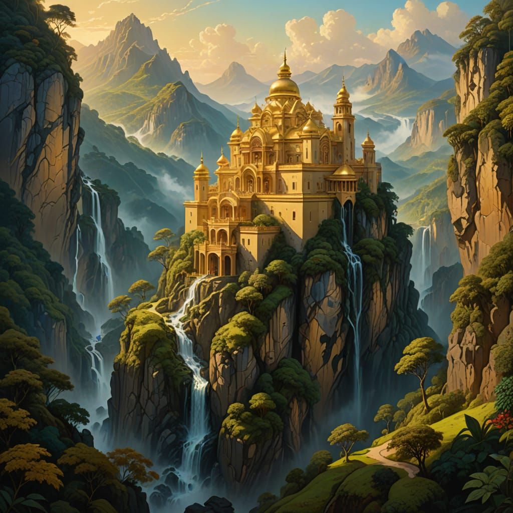 Golden Palace Ascends Majestic Mountains in Dreamlike Oil Pa...