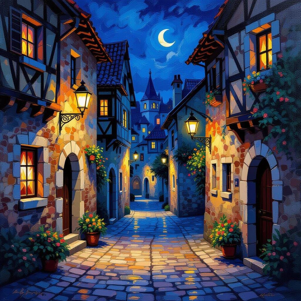 Medieval Alleyways at Night in Gouache and Watercolor Style