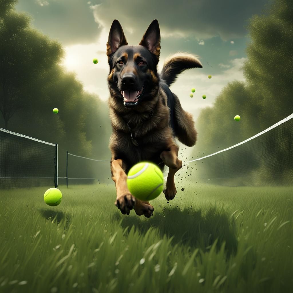 German Shepherd Dog Chasing Tennis Ball, Matte Painting