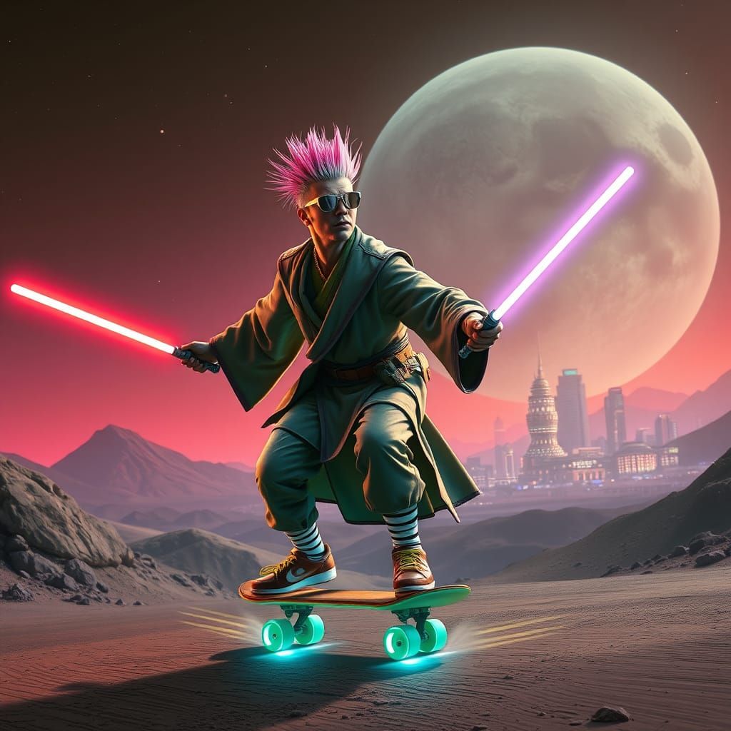 Skateboarding Jedi in Vaporwave City with Lightsabers