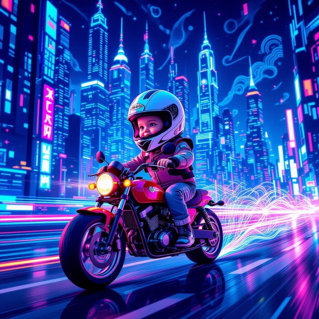 Baby on Motorcycle in Neon Metropolis