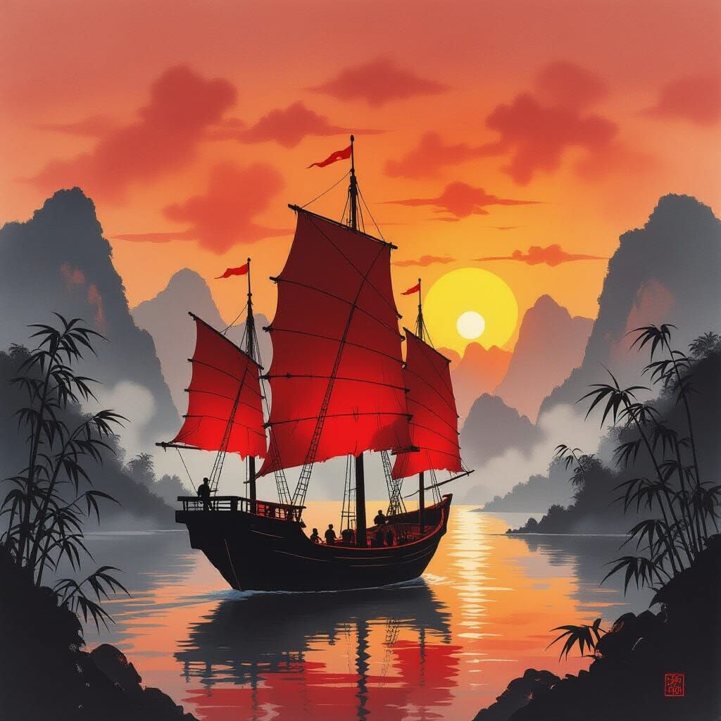 Chinese Junk Ship at Sunset in Xieyi Ink Wash Style