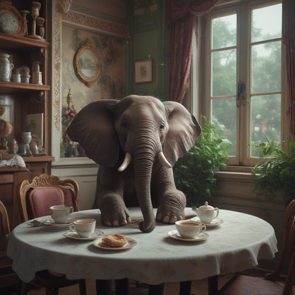 Cozy Cartoon Elephant Sips Tea in a French Patisserie