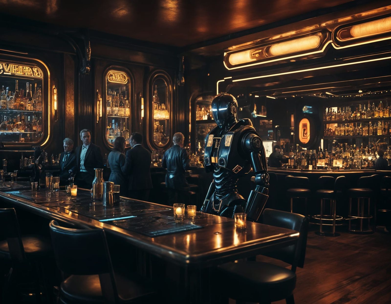 Futuristic Noir Bar with Robotic Waiter