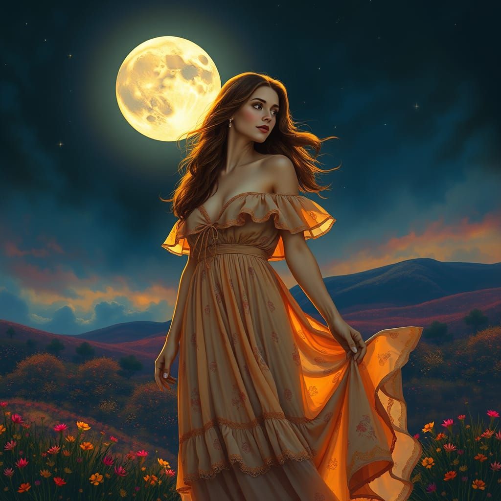 Dreamlike Landscape: Woman in Flowing Dress