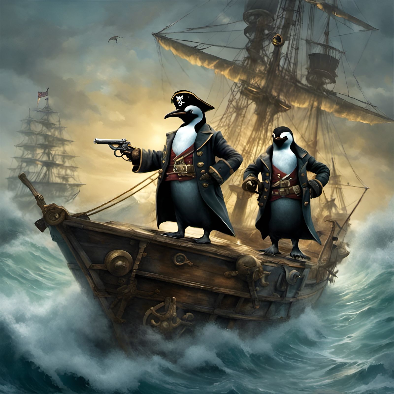 Penguin Pirates Brave Stormy Seas in Steampunk Style
