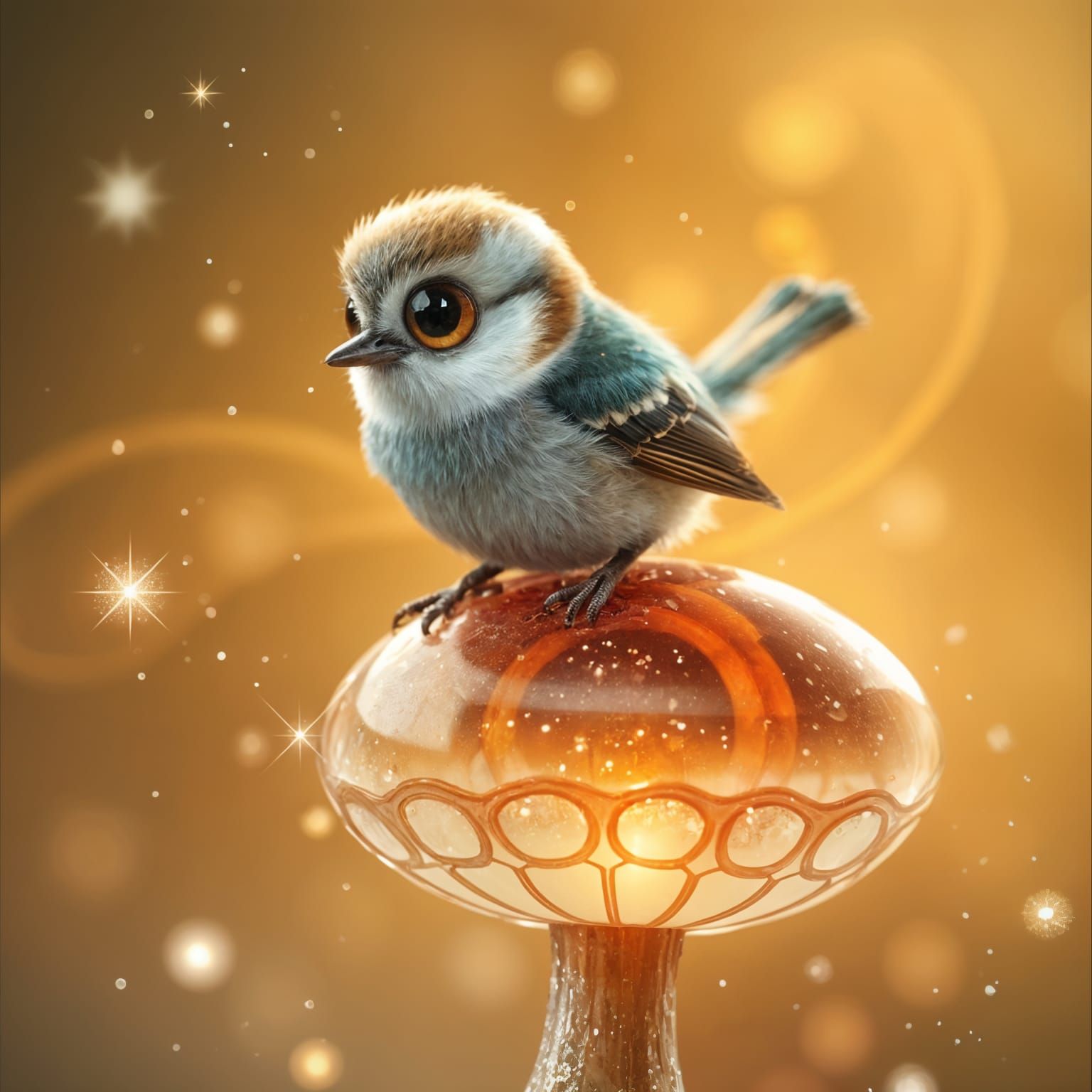 Adorable Bird on Crystal Mushroom with Peony