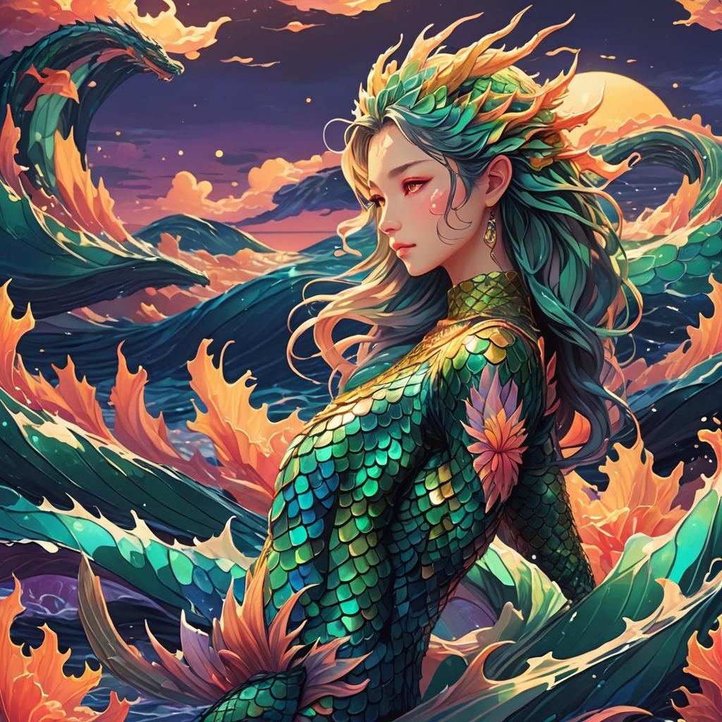 Dragon Mermaid in Anime Style with Bioluminescence