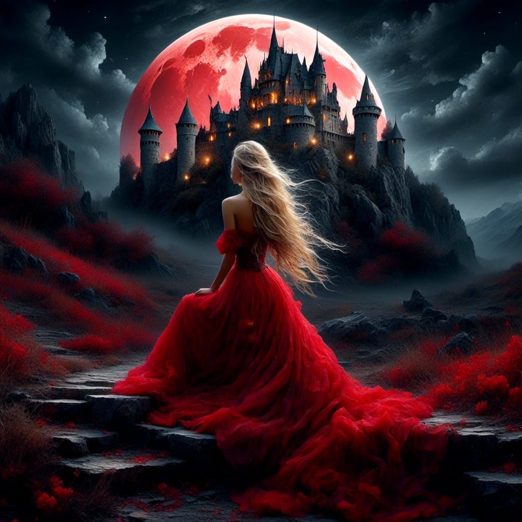 Blonde Woman and Red Moon Over Castle