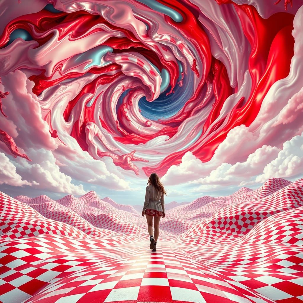 Surreal Dreamscape with Gingham Sky and Rolling Hills