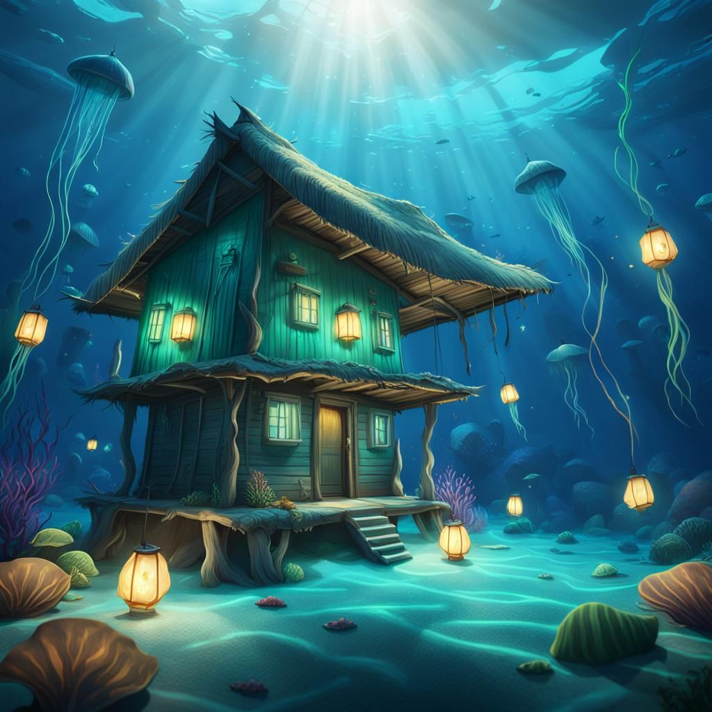 Underwater Boho Hut with Bioluminescent Fish