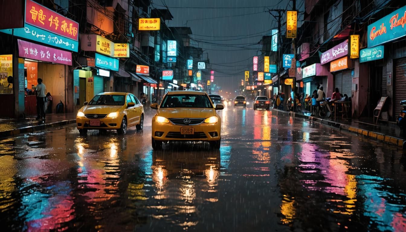 Rainy City Street Scene at Night
