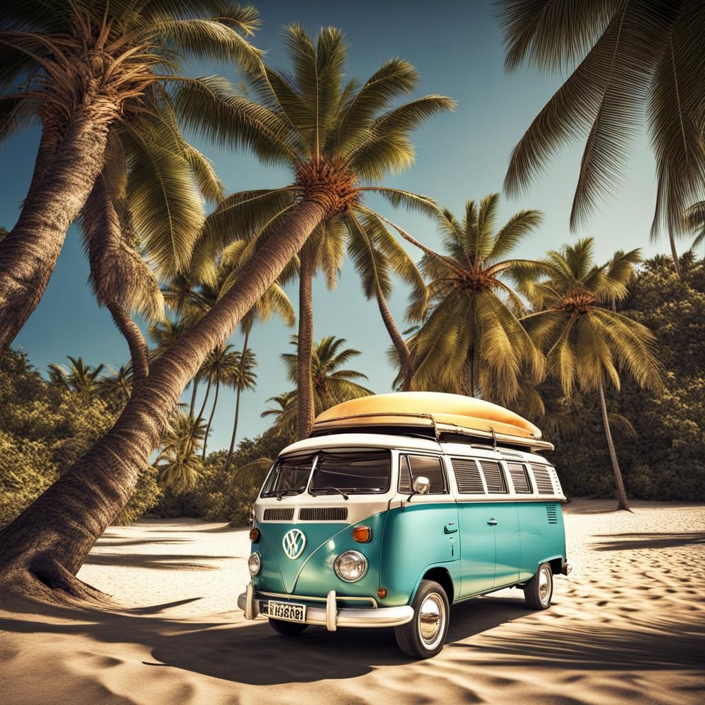 Enchanted Tropical Beach with VW Camper Van