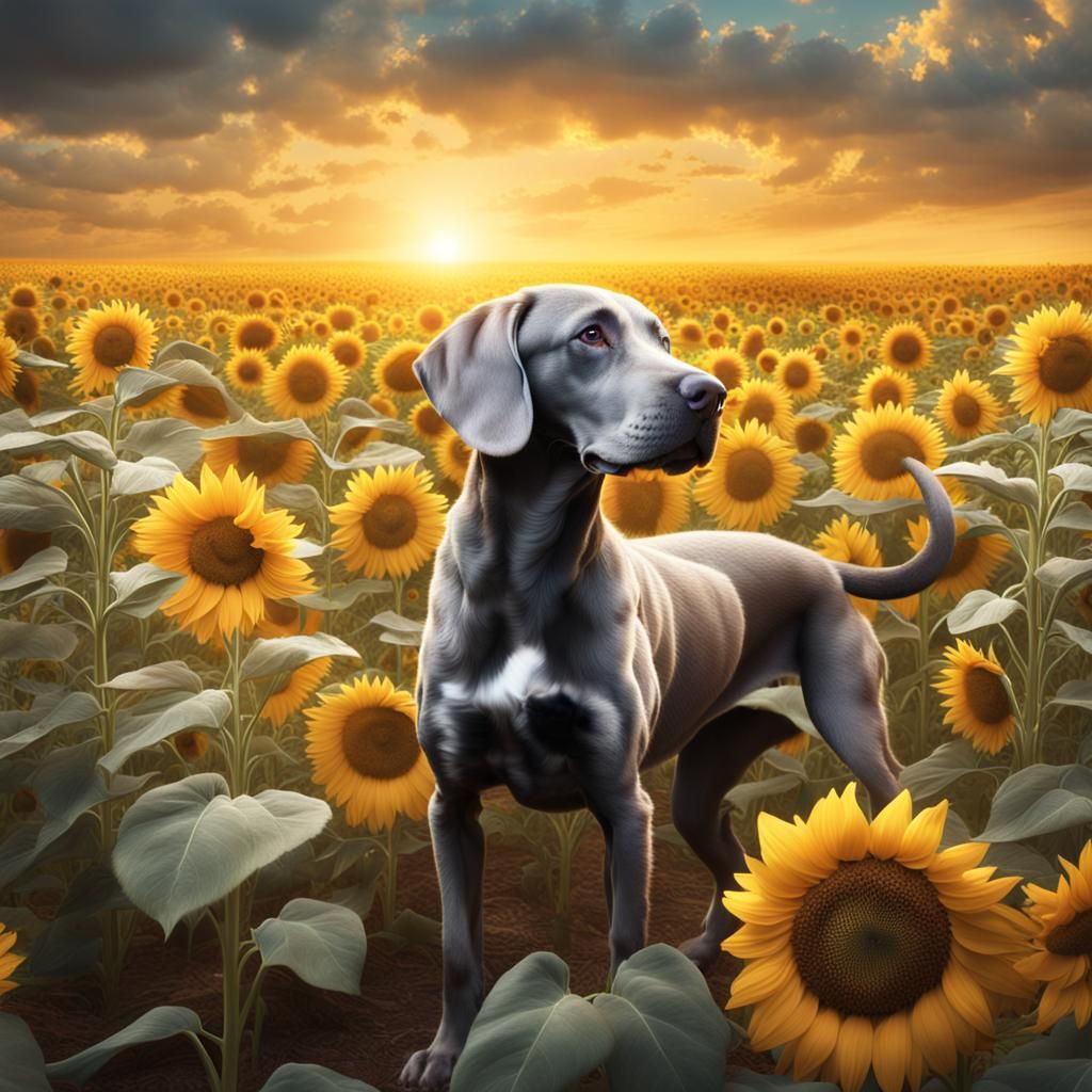 Weimaraner Puppy and Kitten in Sunflower Field