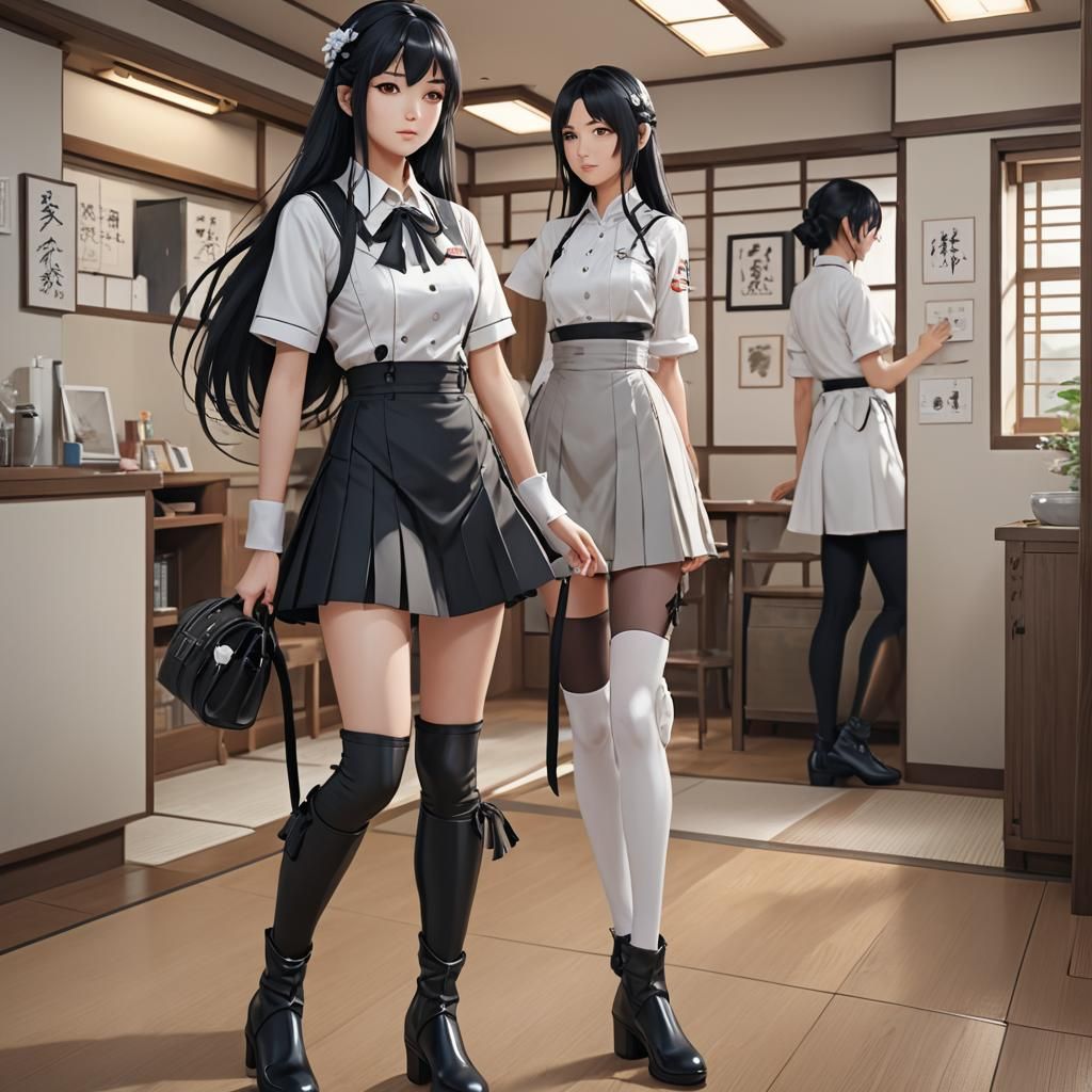 Beautiful Japanese Maid with short skirt and knee high boots