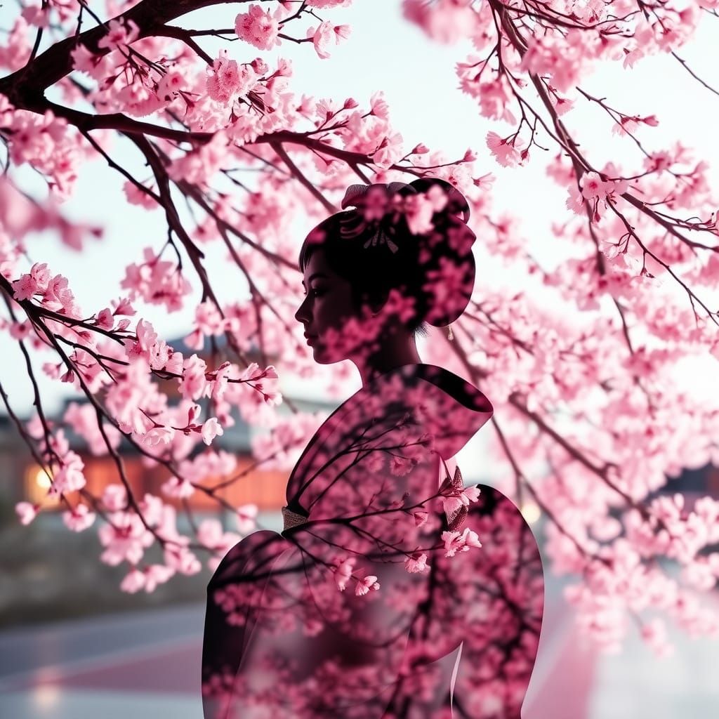 Ethereal Geisha Silhouette Amidst Blossoming Sakura