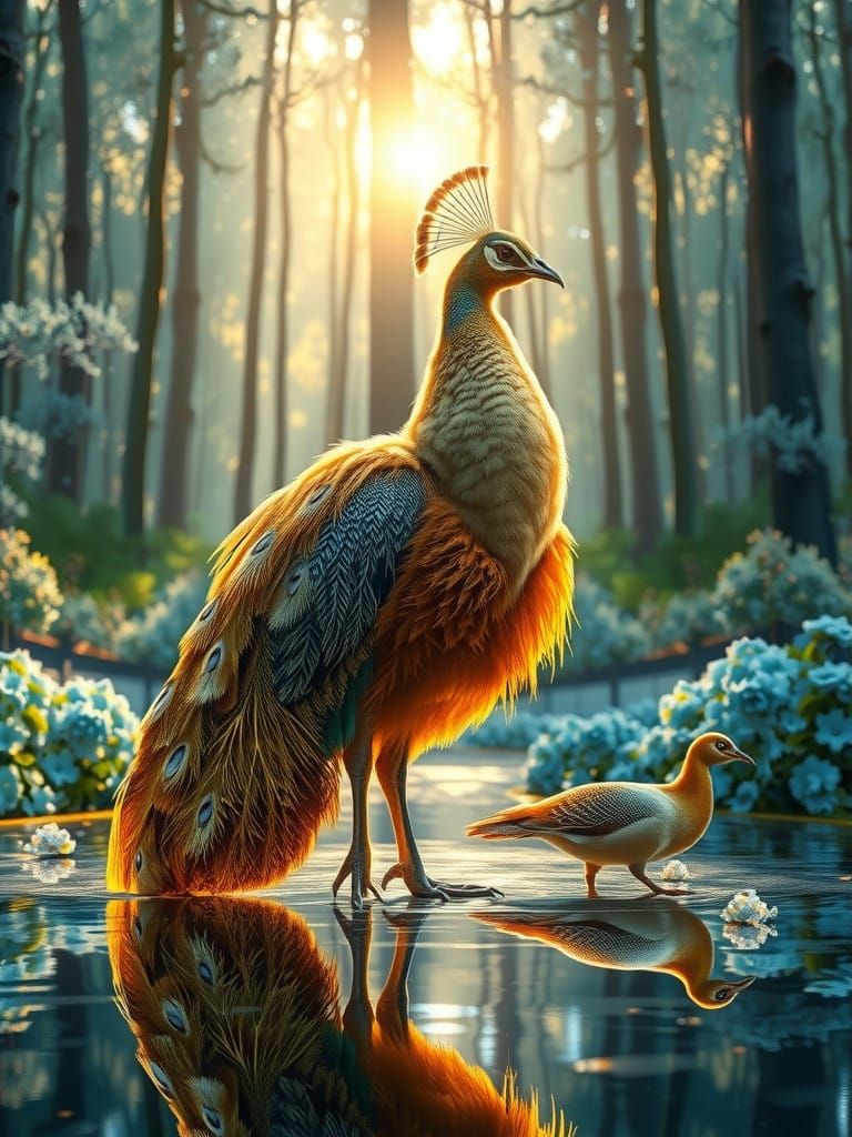 Magnificent Golden Peacock in Luminous Forest