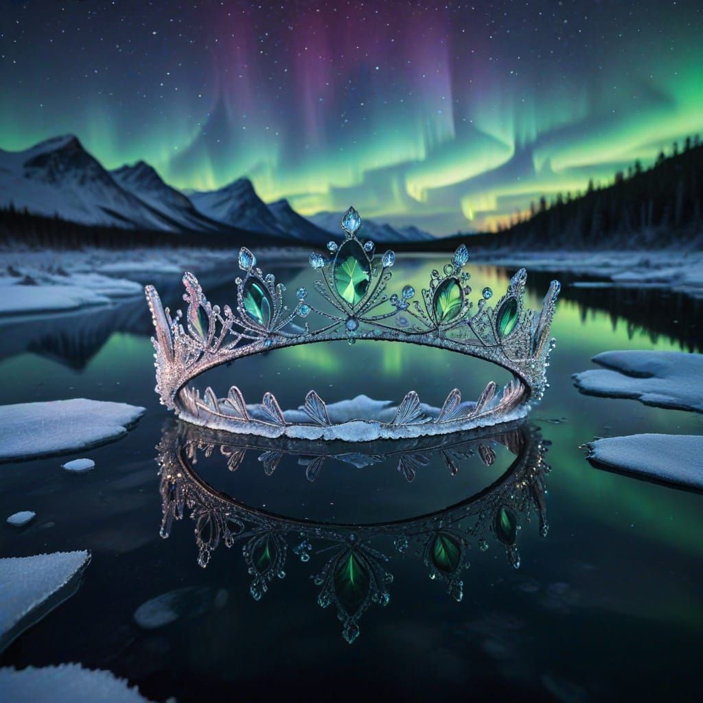 Crystal Tiara Emerges from Frozen Lake Reflecting Northern L...