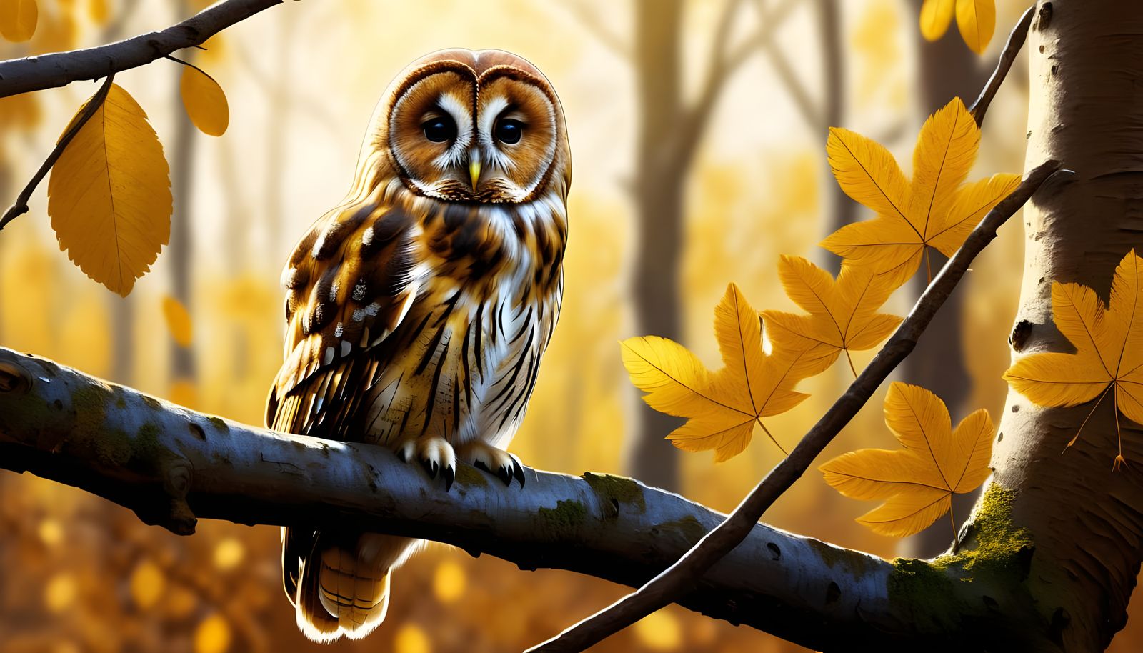 Wise Fluffy Owl on Autumn Branch in Golden Sunlight