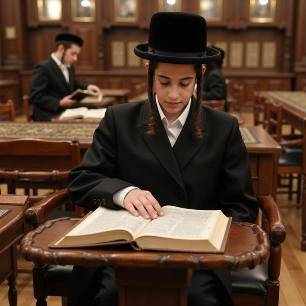 Traditional Hasidic Boy in Intense Study