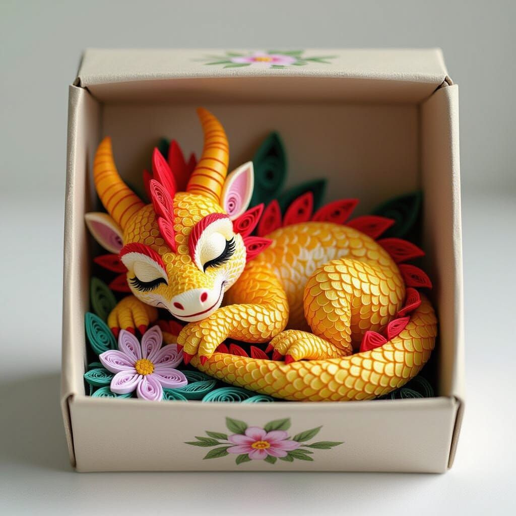 Miniature Paper Dragon Asleep in Matchbox