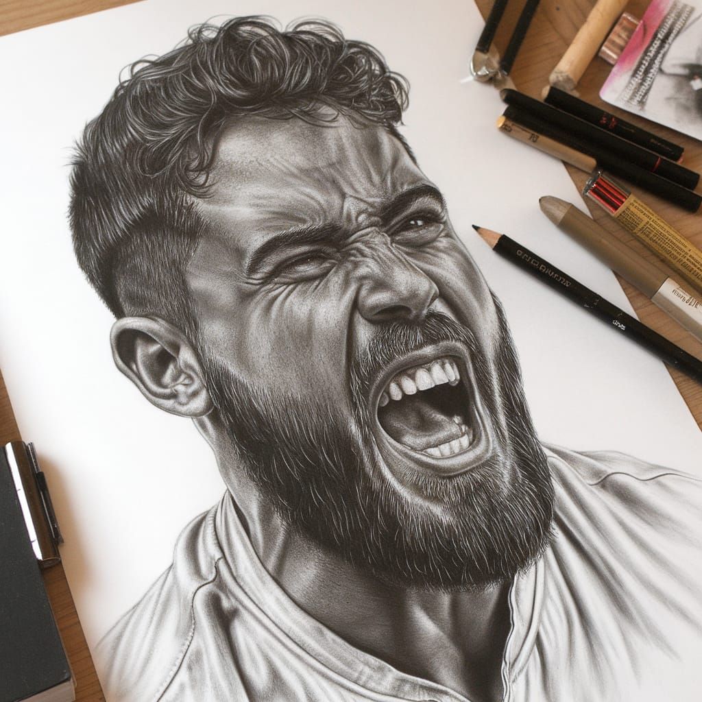 Charcoal Drawing of Screaming Man
