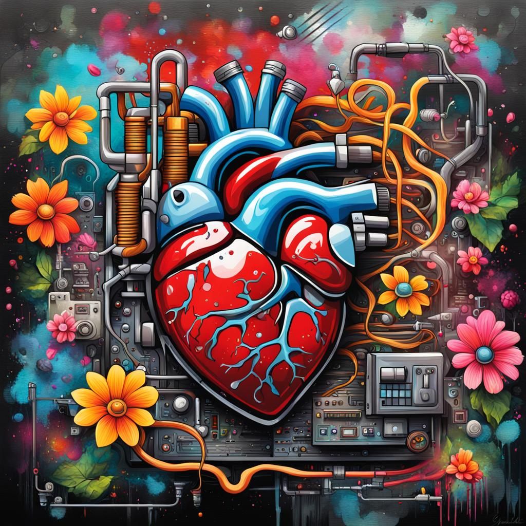 Heart Pacemaker as Graffiti Art with Flowers