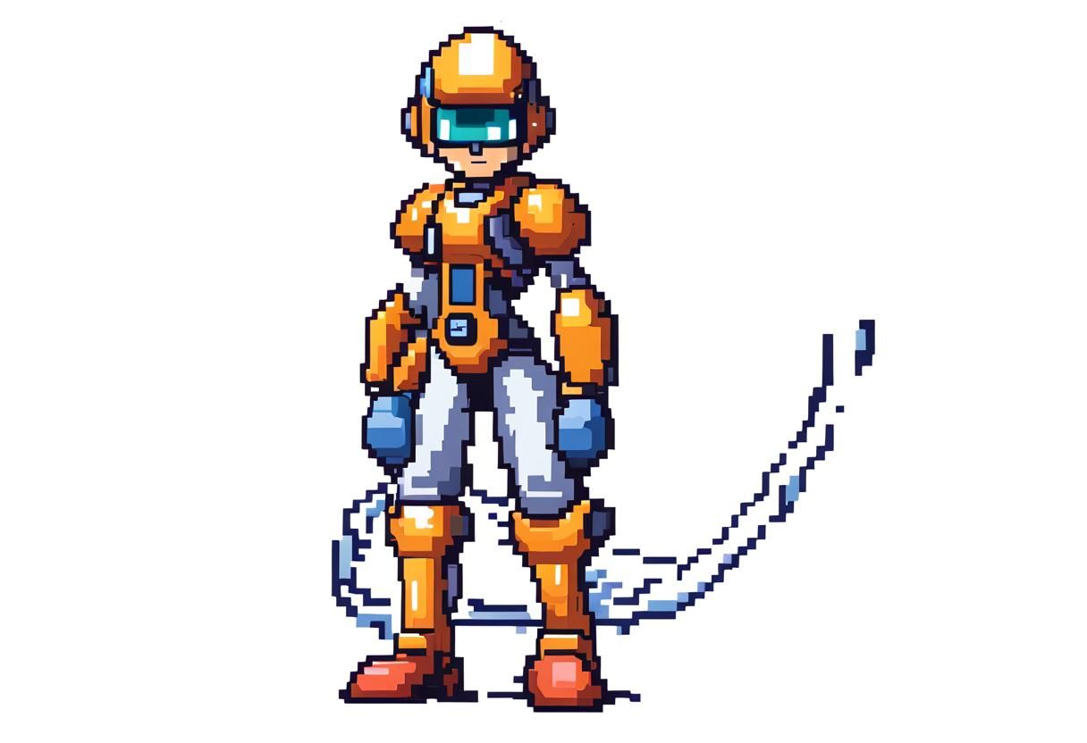 Futuristic Pixel-Art Cyborg with Jet Boots in 16-bit Style