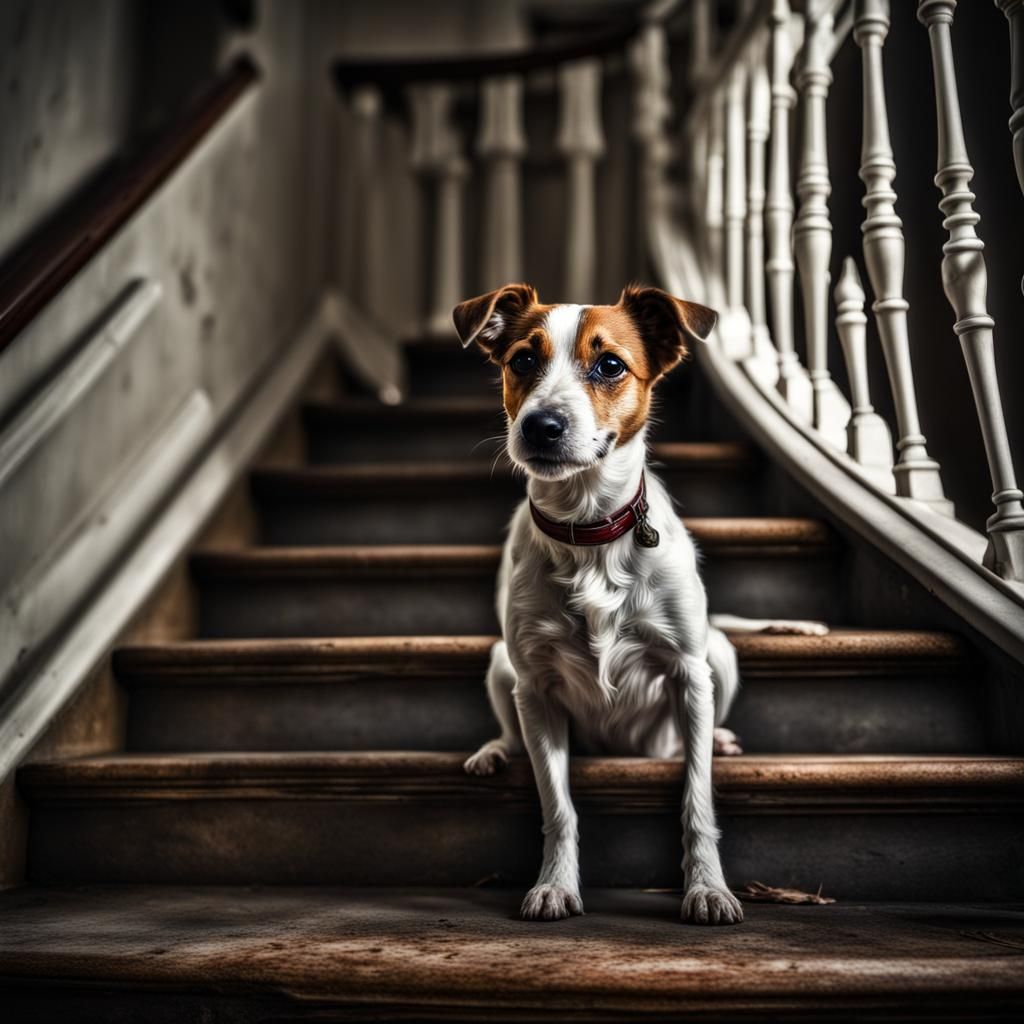 Ghostly Jack Russell on Sinister Staircase