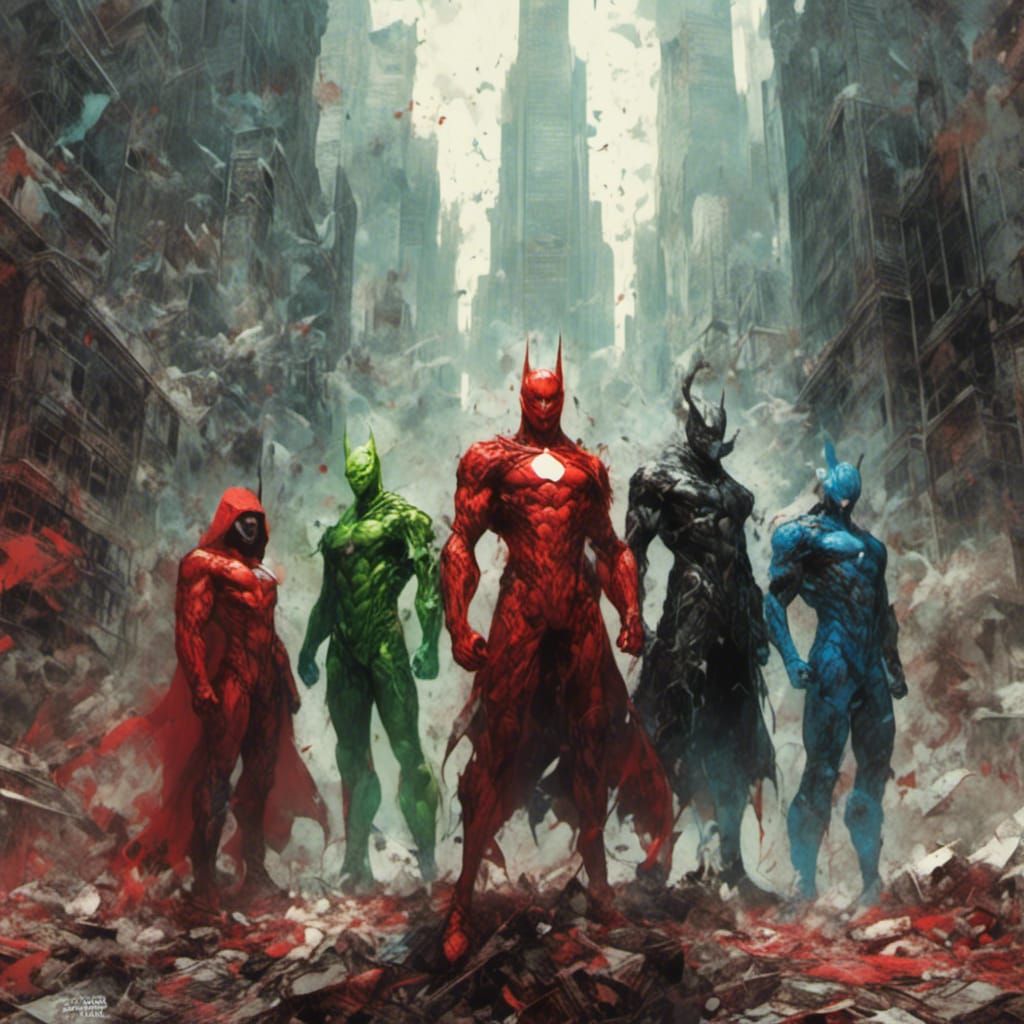 Superhero Team in Destroyed Metropolis: Graffiti Art