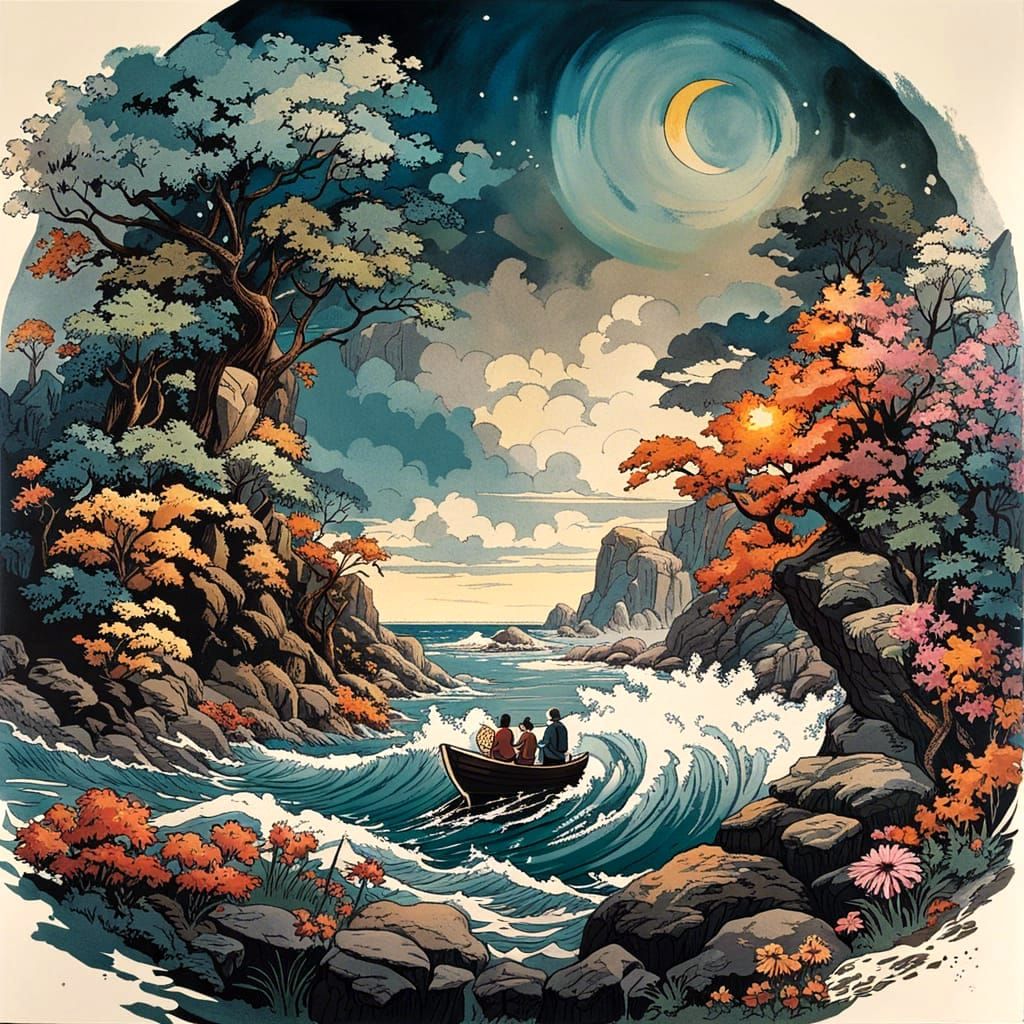 Colorful Seascape in Cartoon Style Mixed Media