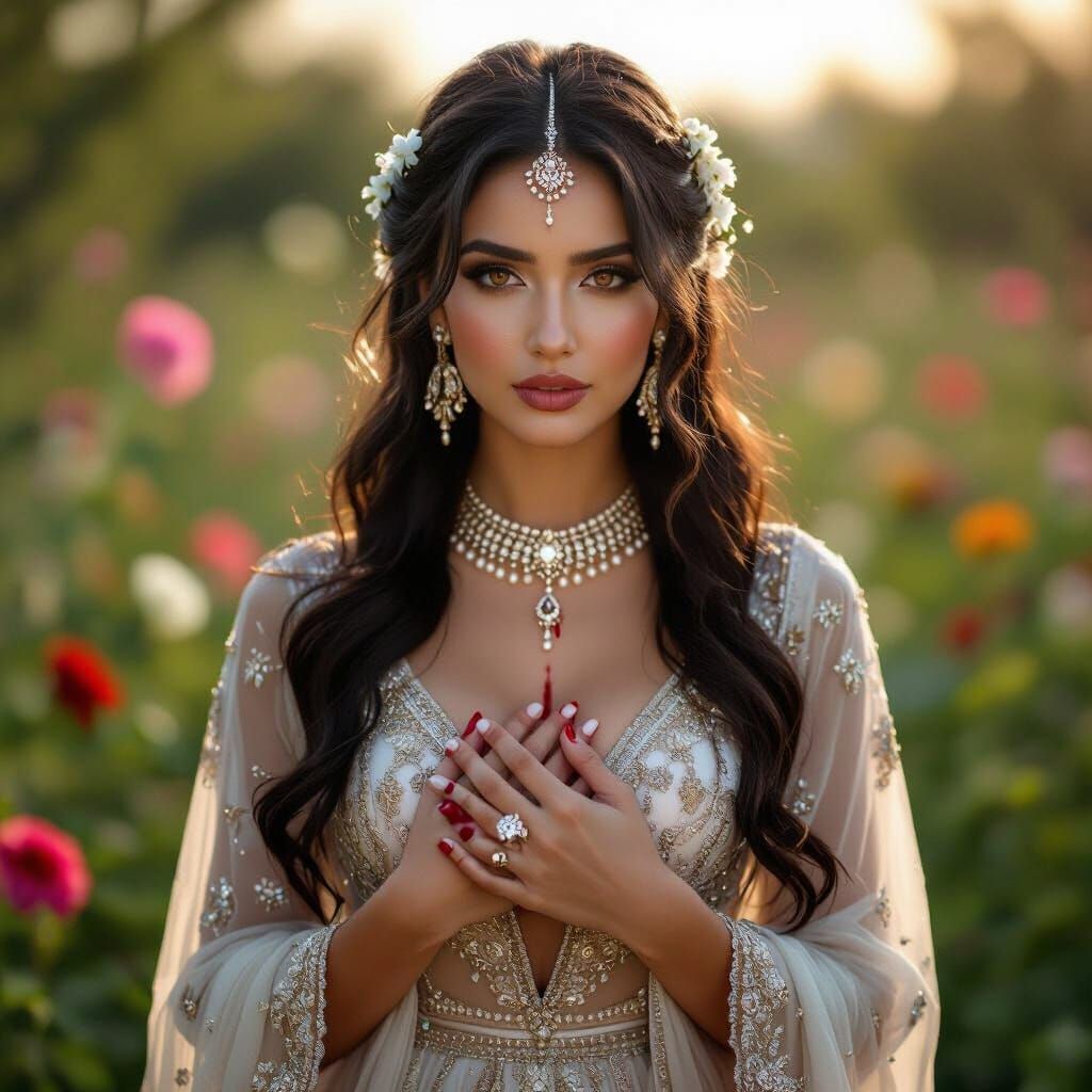 Divine Woman with Flowers in Hair and Diamond Ring