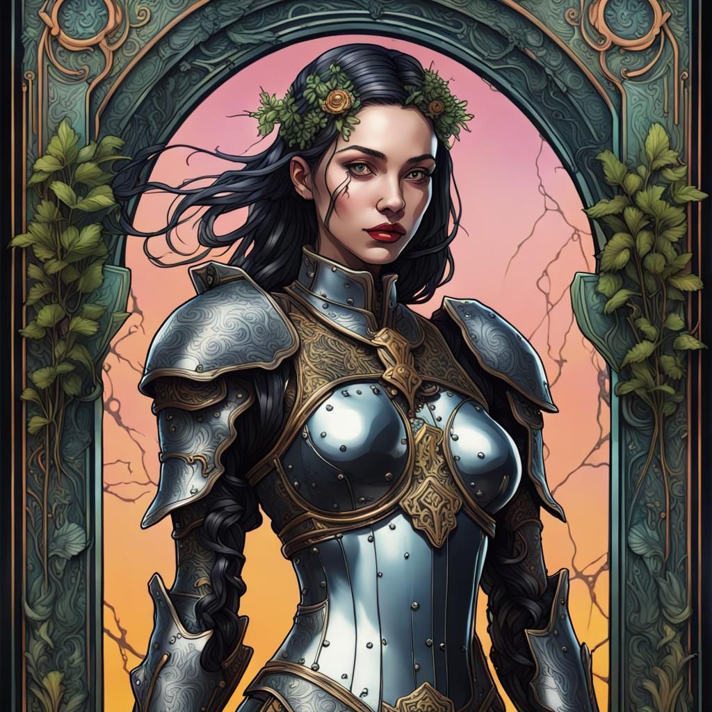 Cyberpunk Knight Tarot Card in Art Nouveau Style