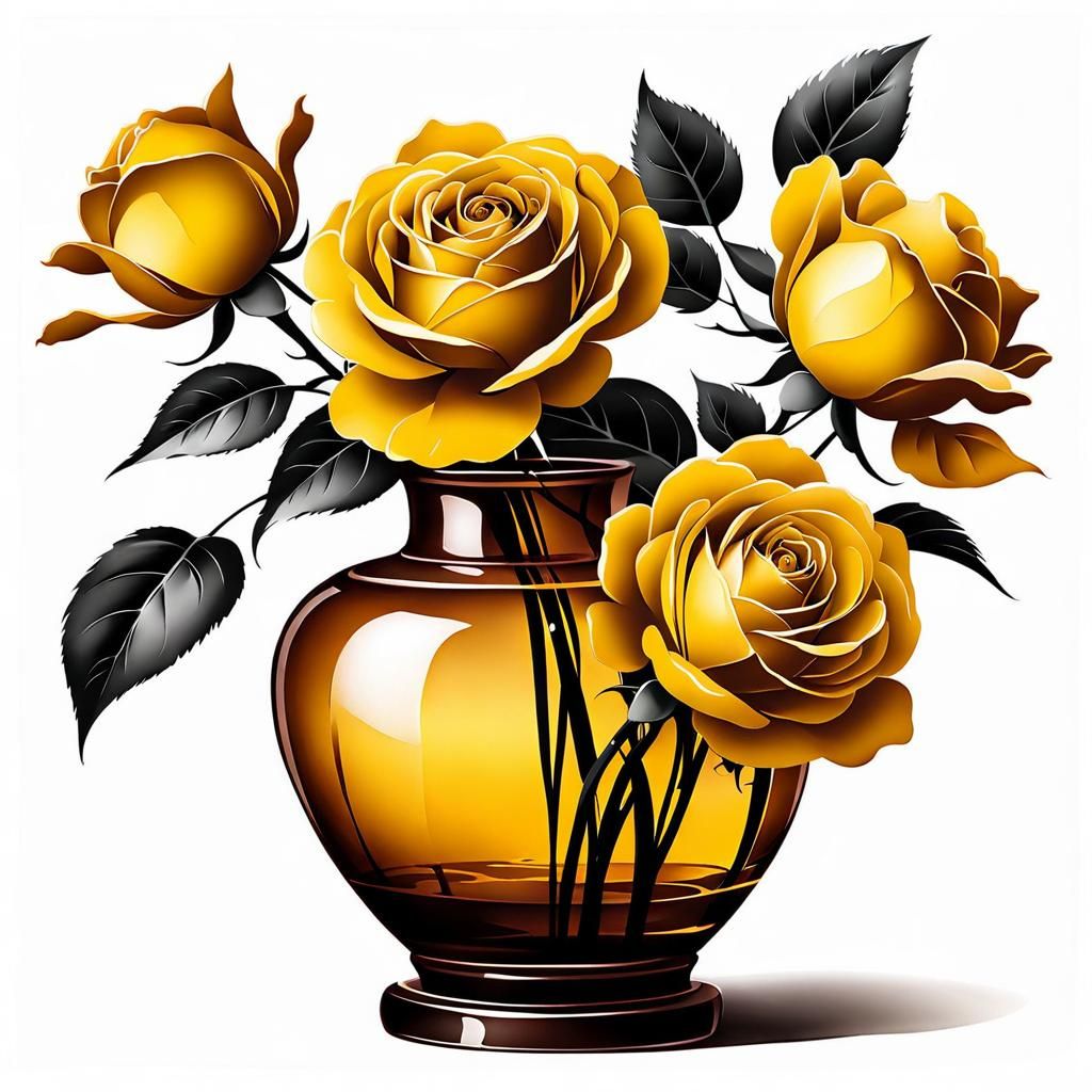 Yellow Roses in Amber Vase, Chinese Ink Painting