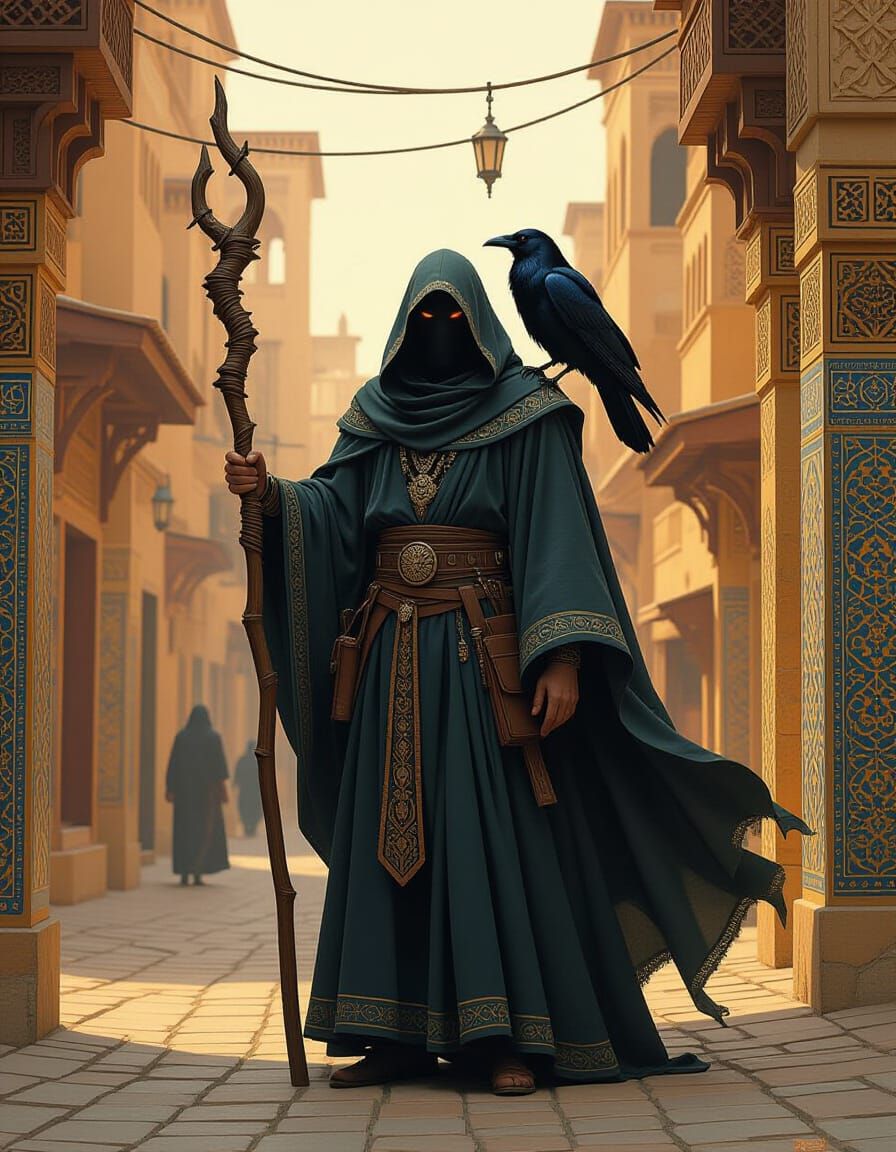 Sorcerer with Raven in Arabian Street, Atmospheric Realism
