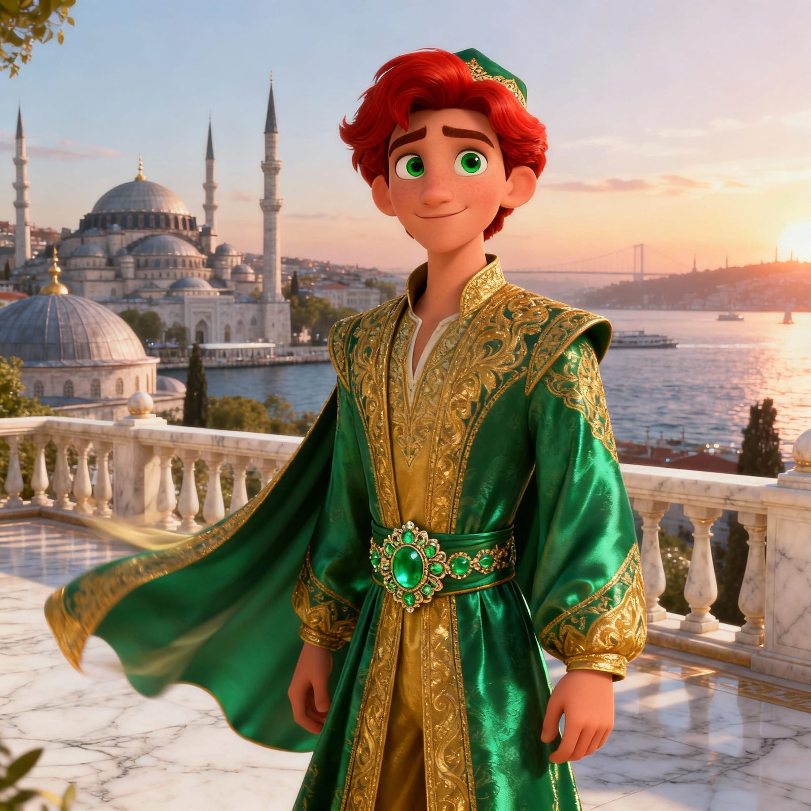 Young Sultan in Luxurious Ottoman Kaftan, 3D Cartoon Style