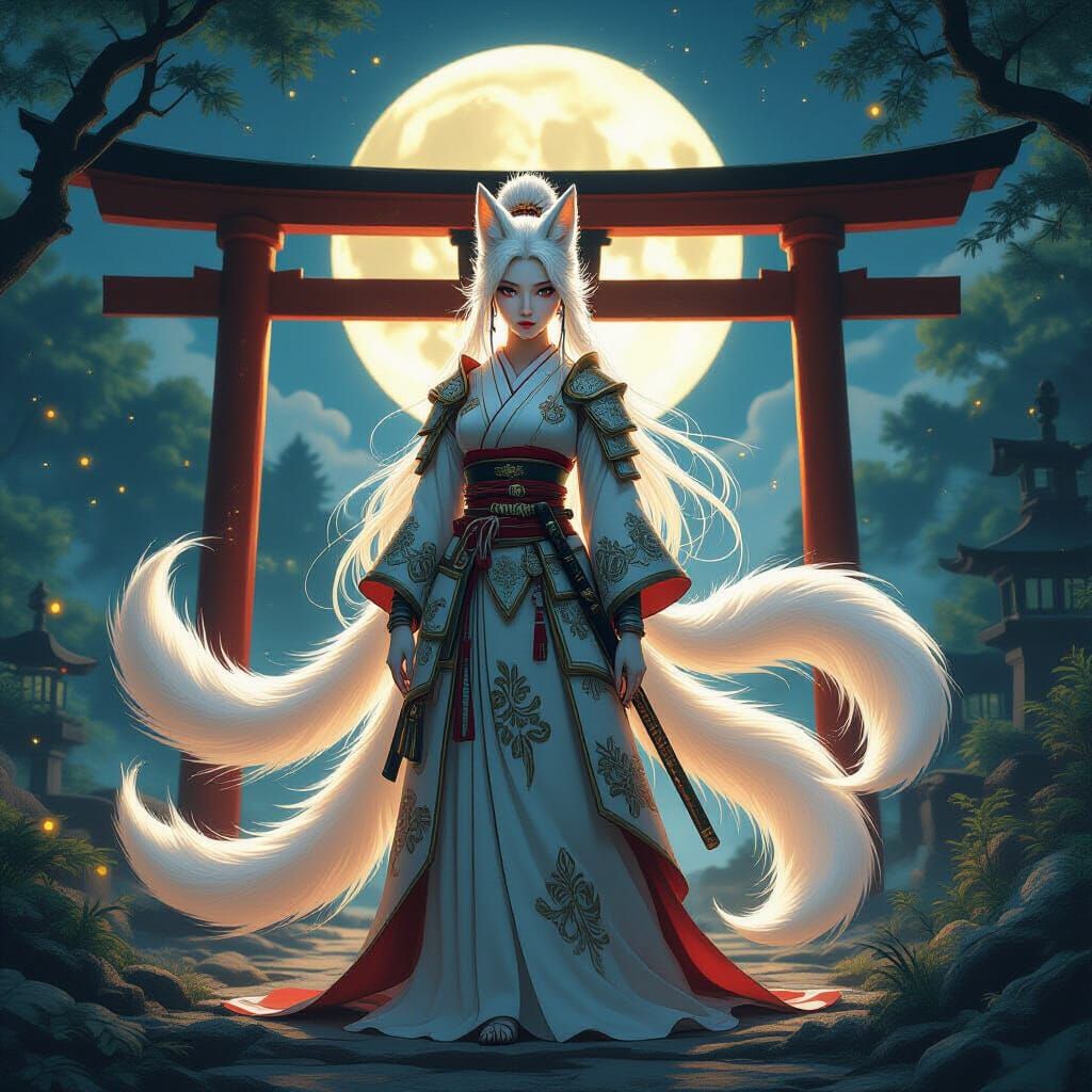 Mystical Kitsune Queen in Moonlit Forest Concept Art