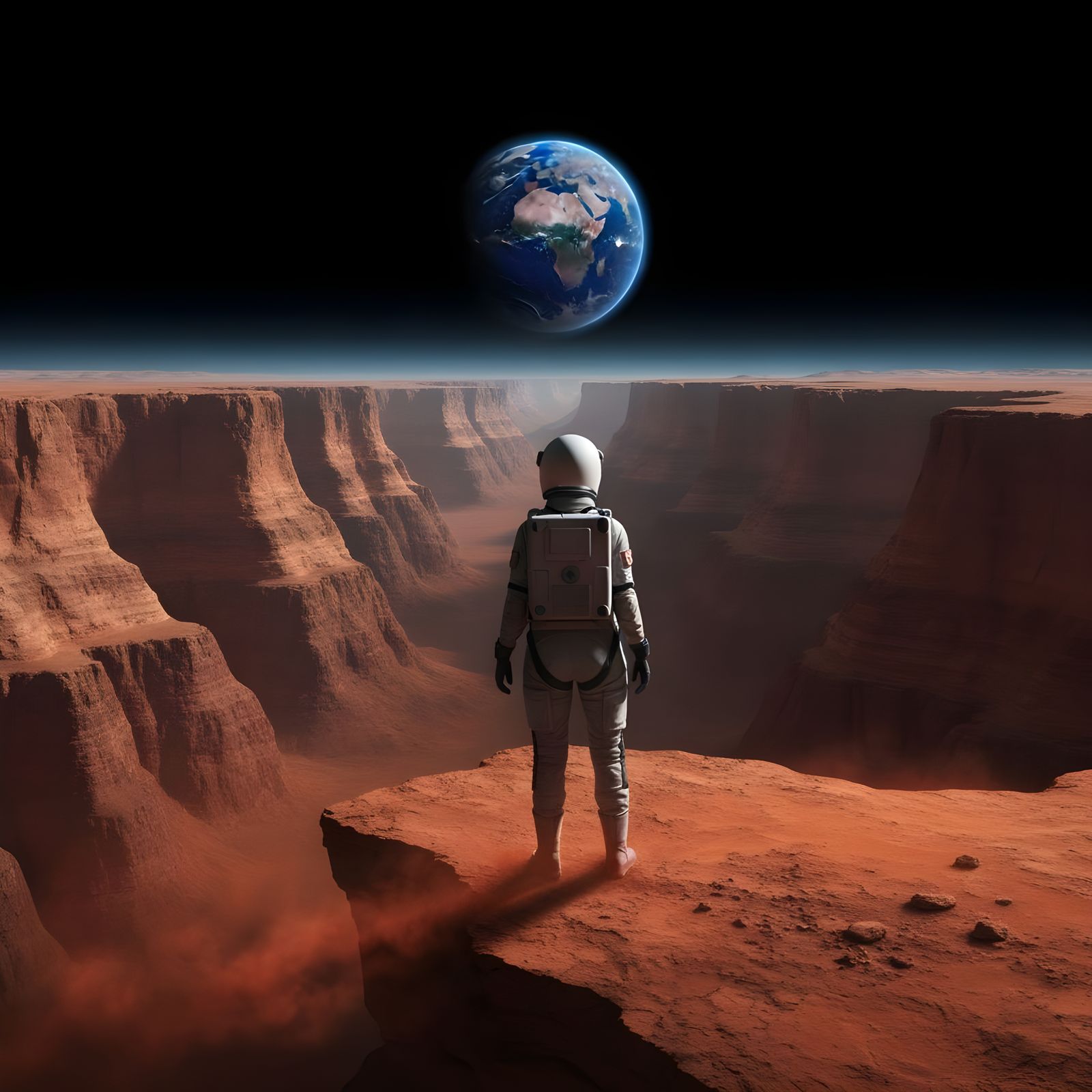 Astronaut on Mars Canyon Edge, Earth Visible
