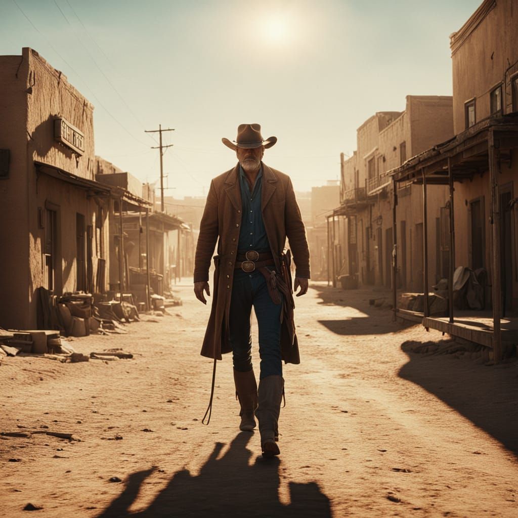 Old Cowboy in Desert Town: Cinematic Film Still
