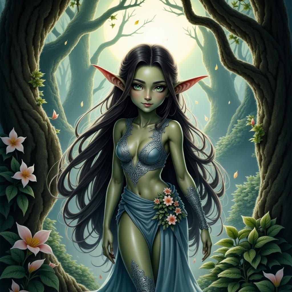 Ethereal Goblin Woman in Moonlit Garden