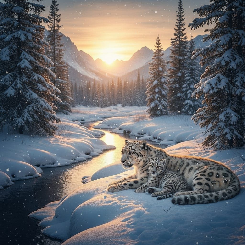 Tiger Family by Snowy Creek at Sunset