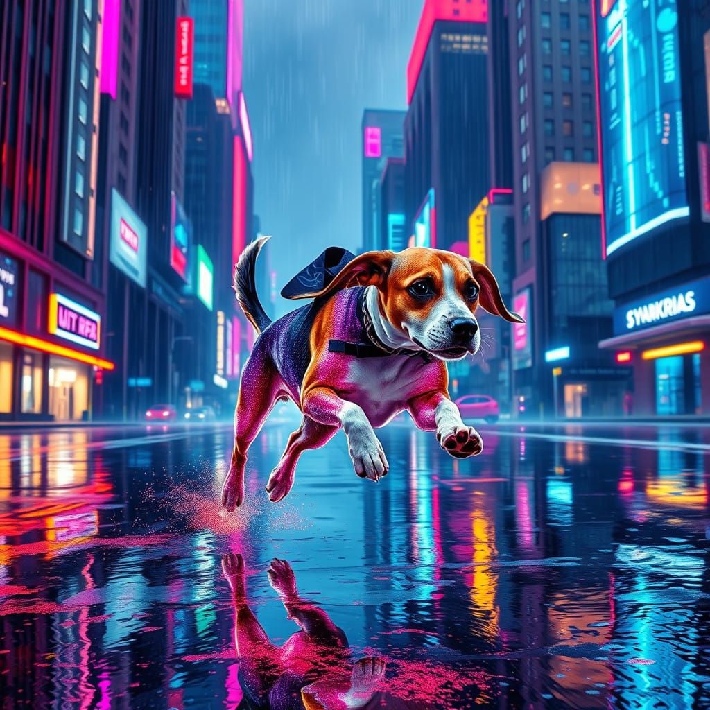 Futuristic Beagle Runs Through Neon City Streets in Iridesce...