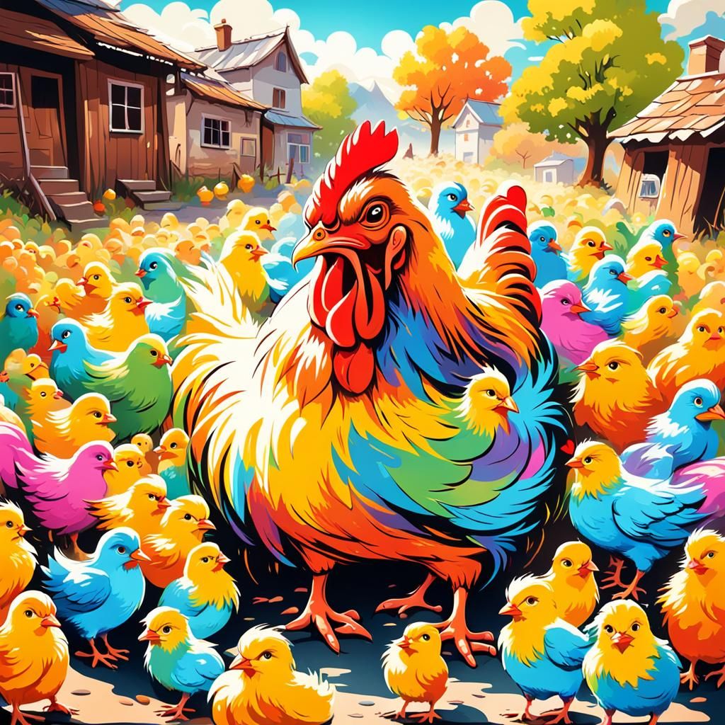 Mother Hen and Chicks in Graffiti Art Style