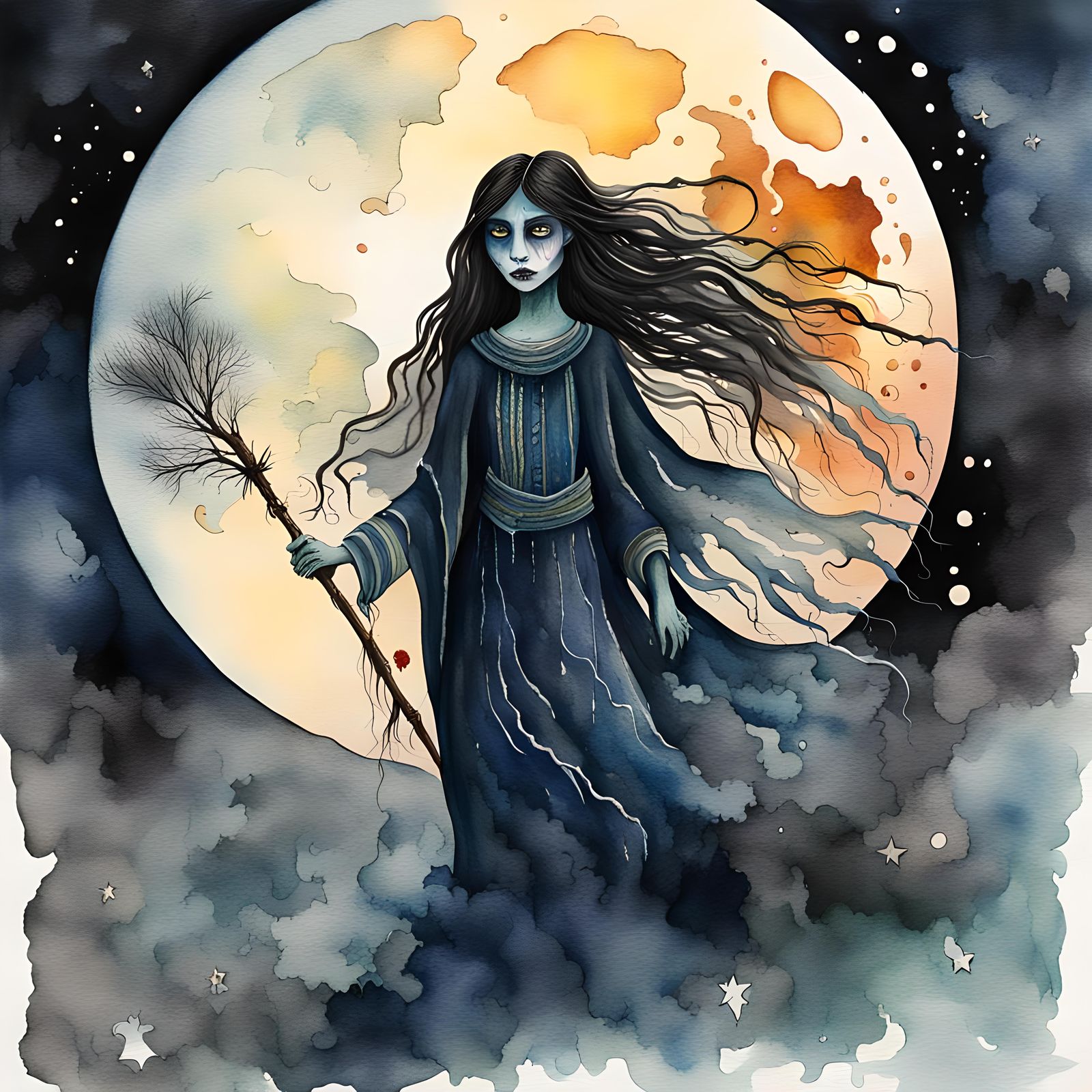 Spectral Woman in Zombiecore Watercolor Illustration